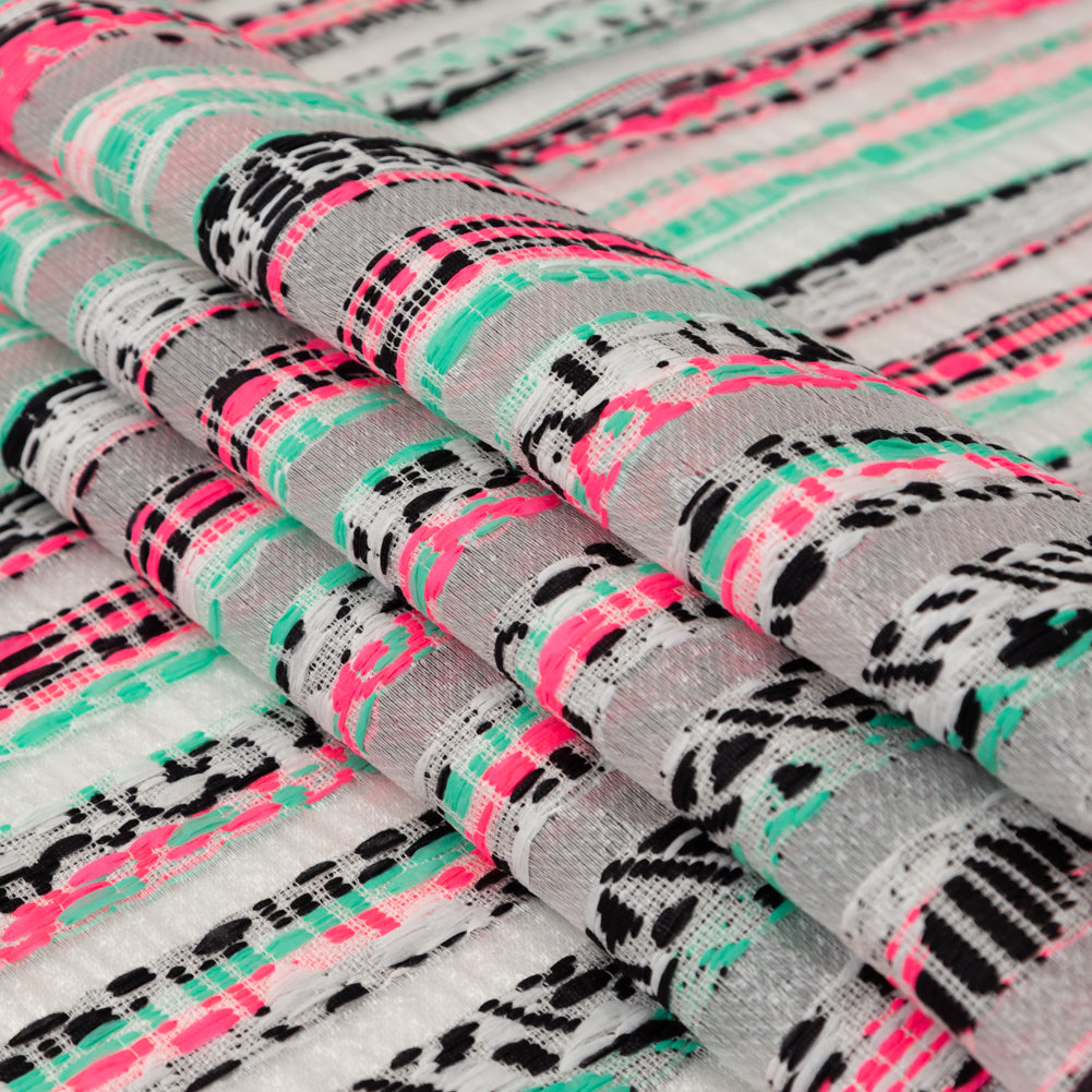 Milly Metallic Silver, Biscay Green, Neon Pink Striped Embroidered Organza