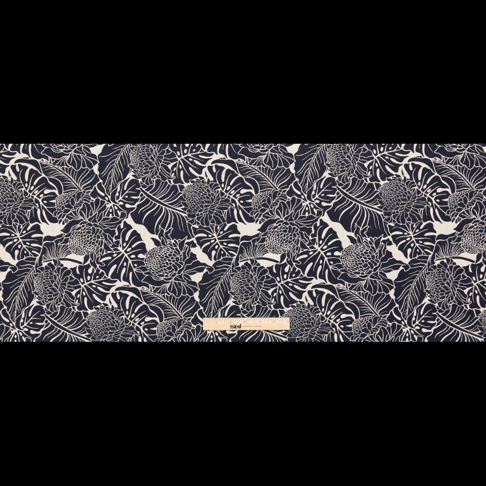 Italian Carbon Blue and Ecru Floral Cotton Jacquard
