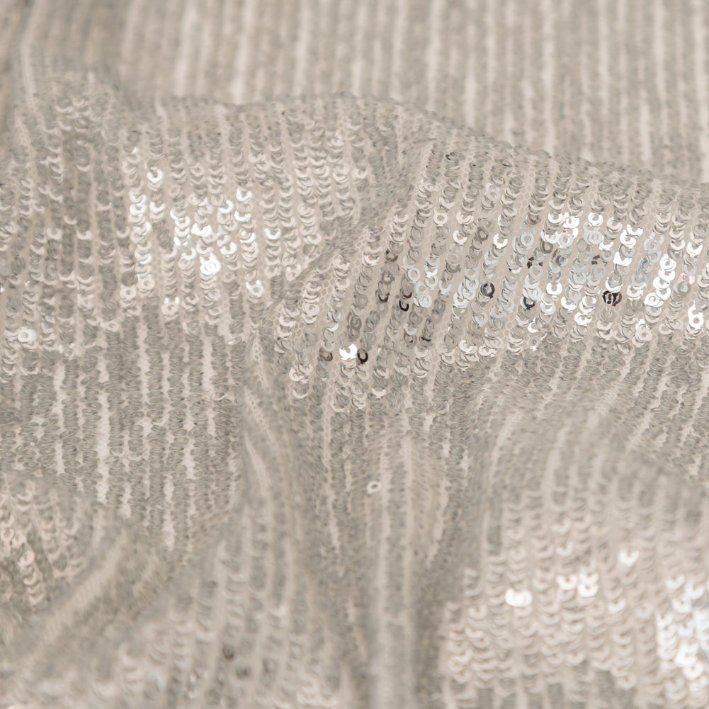 Silver Striped Circle Sequins over White Mesh