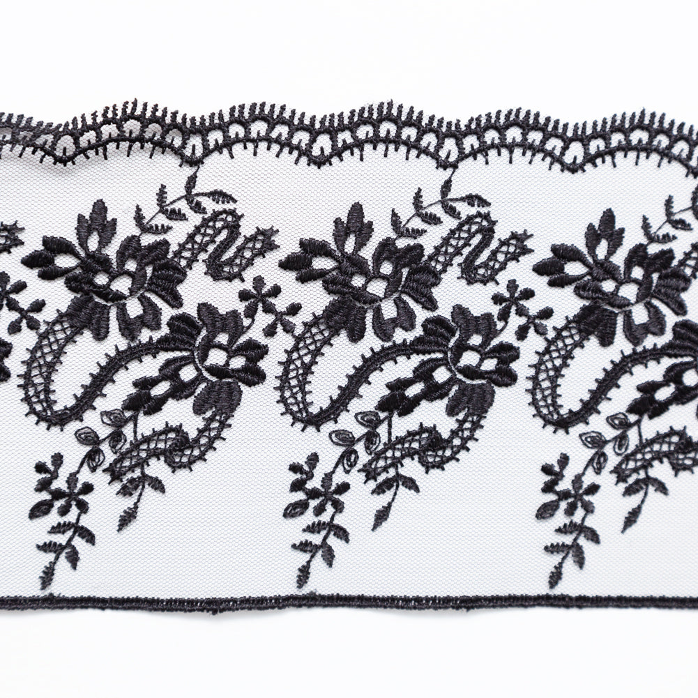 European Black Floral Embroidered Lace on Mesh - 4"