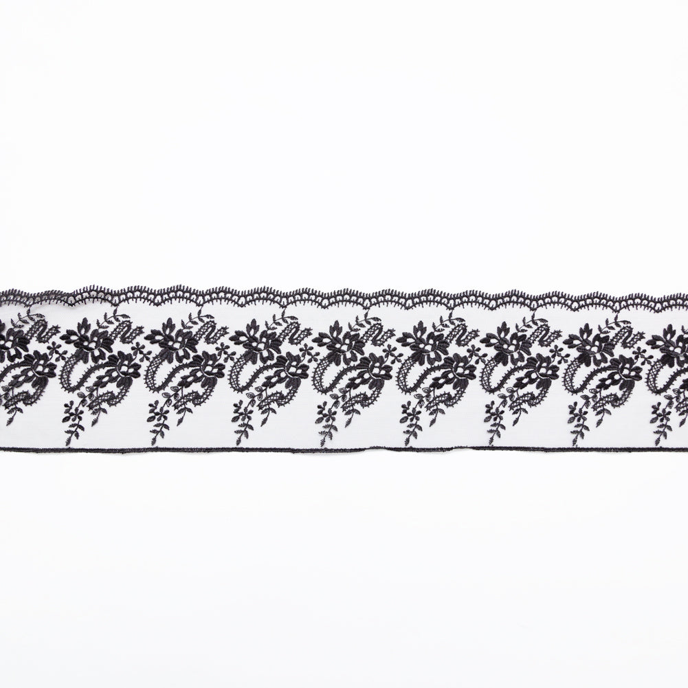 European Black Floral Embroidered Lace on Mesh - 4"