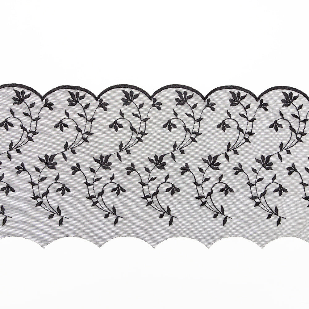 European Black Scalloped Embroidery Lace on Mesh - 9.5"