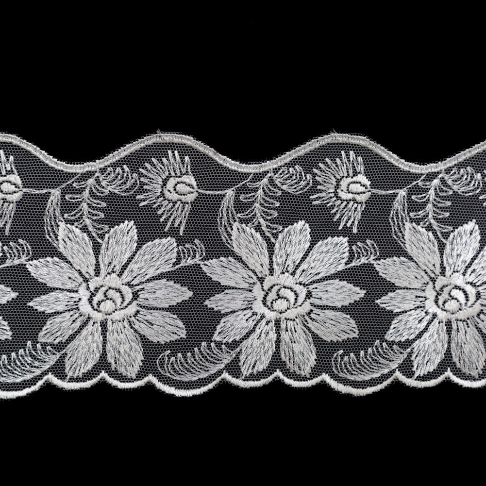 European Ivory Floral Scalloped Embroidery Lace on Mesh - 3.375"