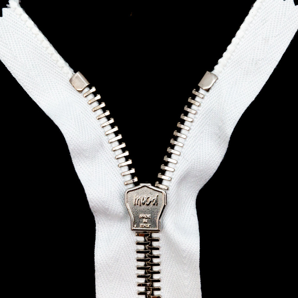 Mood Exclusive Italian White and Silver T8 Closed End Metal Zipper - 9"