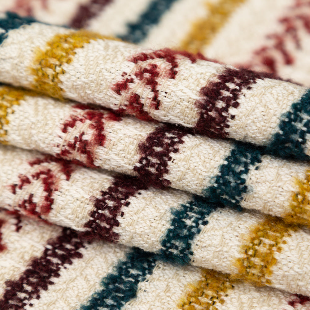 Italian Ivory, Maroon, Cumin and Teal Striped Blended Tweed
