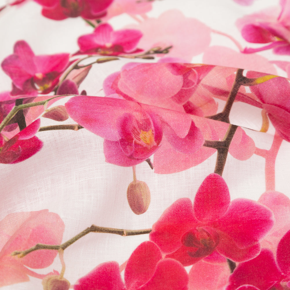 Tilted Pink Orchid and White Alyssum Printed Linen Woven