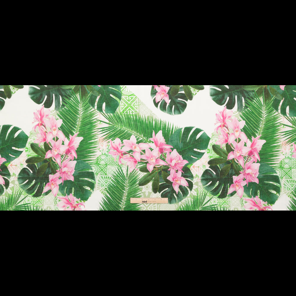 Pesto Palms and Pink Lilies Printed Linen Woven