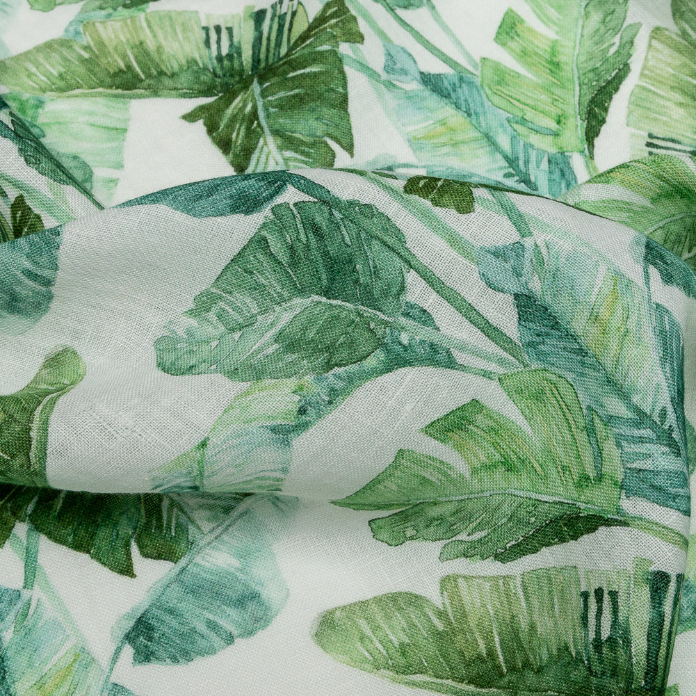 Green Banana and Palm Leaves Printed Ivory Linen Woven