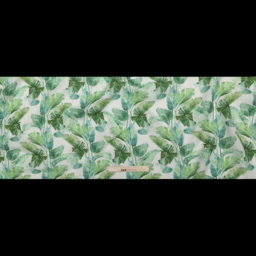 Green Banana and Palm Leaves Printed Ivory Linen Woven