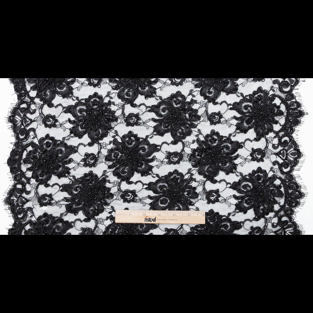Black Narrow Beaded Floral Corded 3D Lace with Scalloped Eyelash Edges