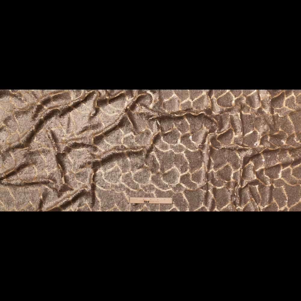 Mesh with Sequins - Metallic Bronze Cracking Spots on Dark Beige