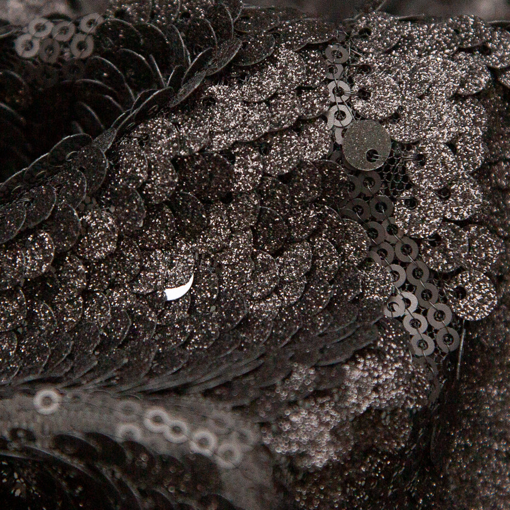Mesh with Sequins - Metallic Black Cracking Spots on Black