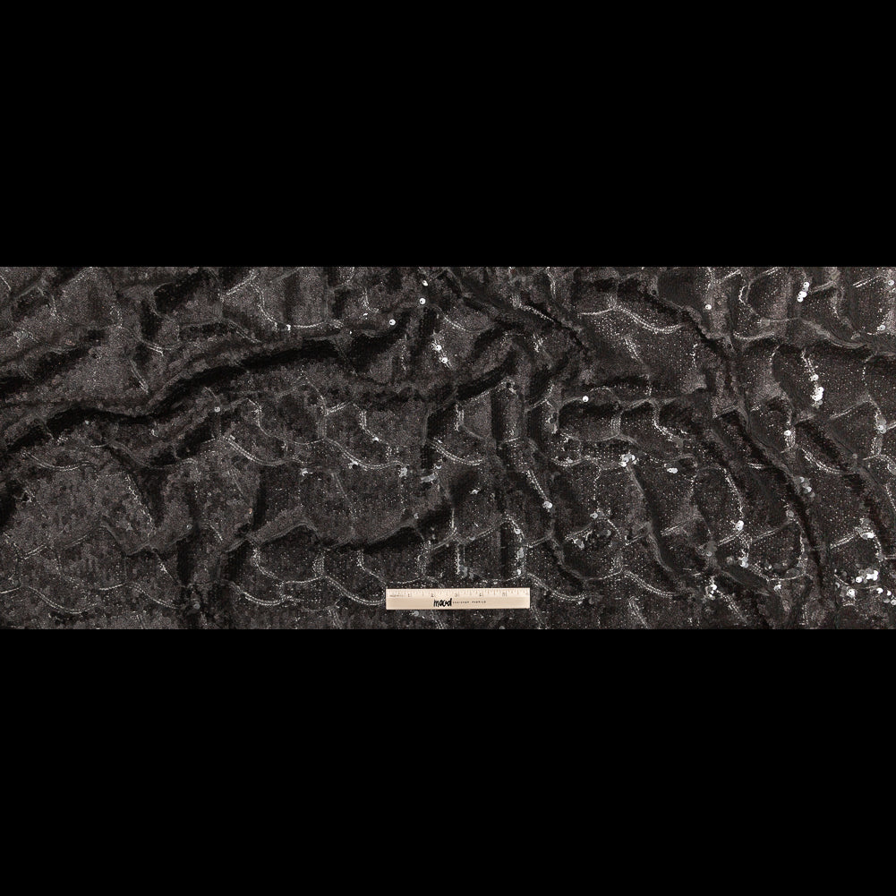 Mesh with Sequins - Metallic Black Cracking Spots on Black