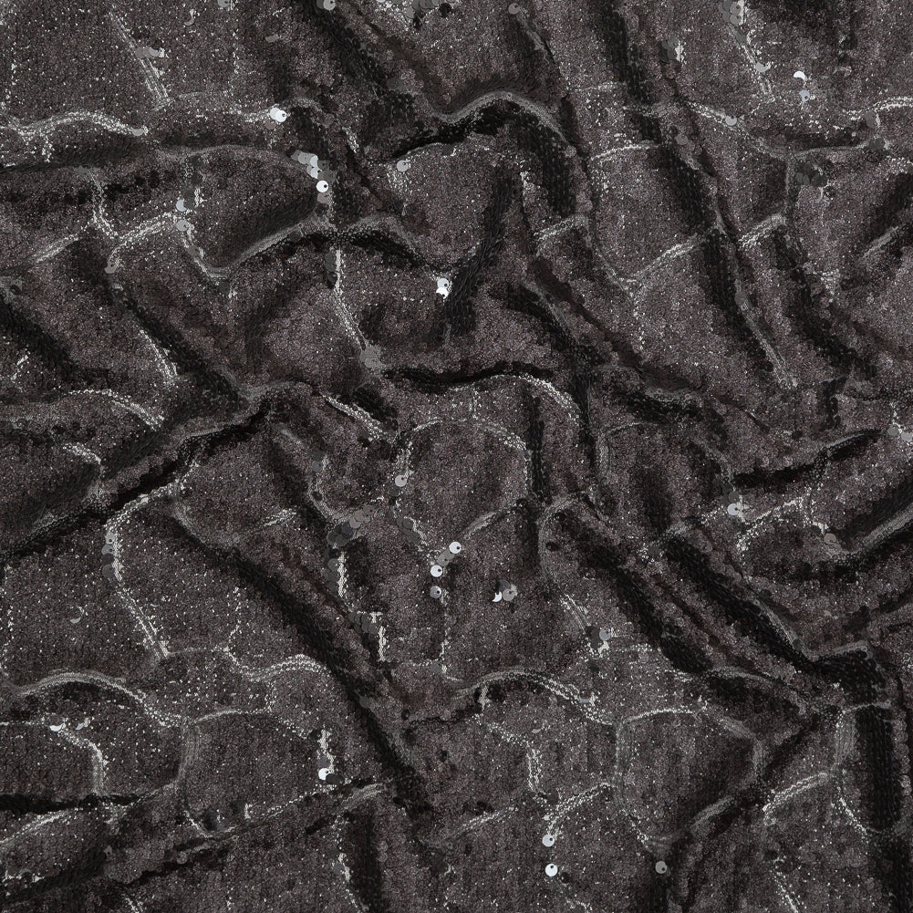 Mesh with Sequins - Metallic Black Cracking Spots on Black