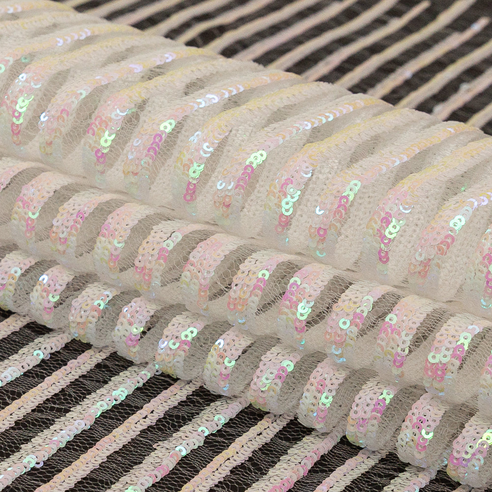 Netting with Baby Sequins - Flamingo Pink and Green Iridescent Stripes on White