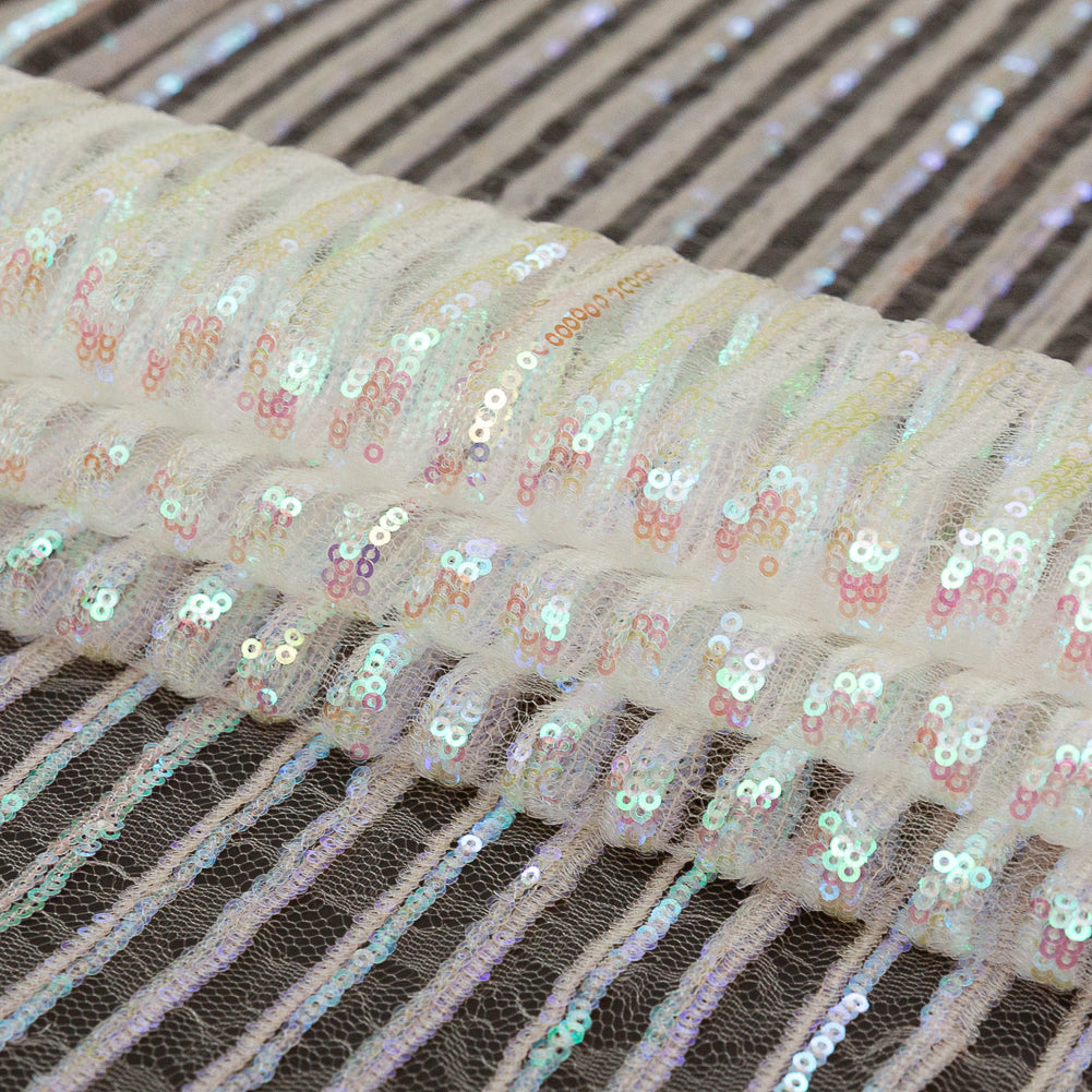 Netting with Baby Sequins - Green, Blue and Pink Iridescent Stripes on White