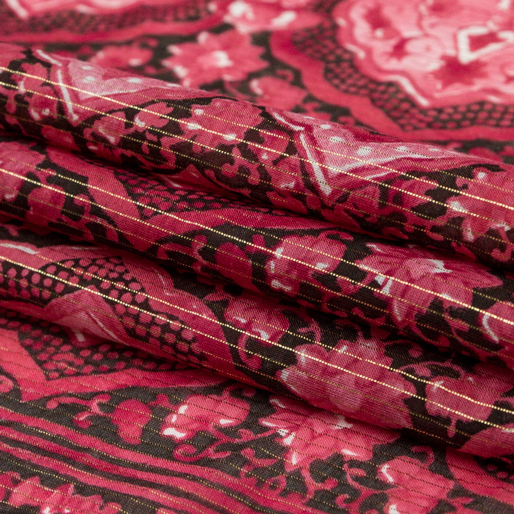 Cardinal Red Damask Cotton Voile with Metallic Gold Stripes