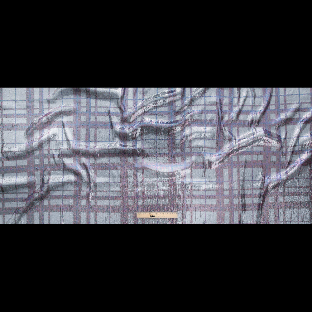 Italian Silver Circle Baby Sequins on Periwinkle, Lavender and White Plaid Mesh