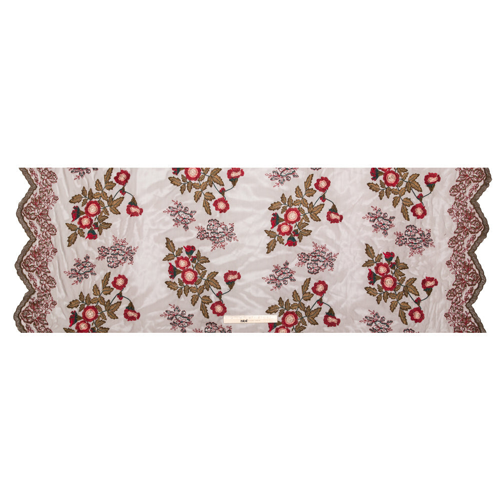Italian Red, Gold and Green Metallic Floral Embroidery on Brown Tulle with Finished Edges