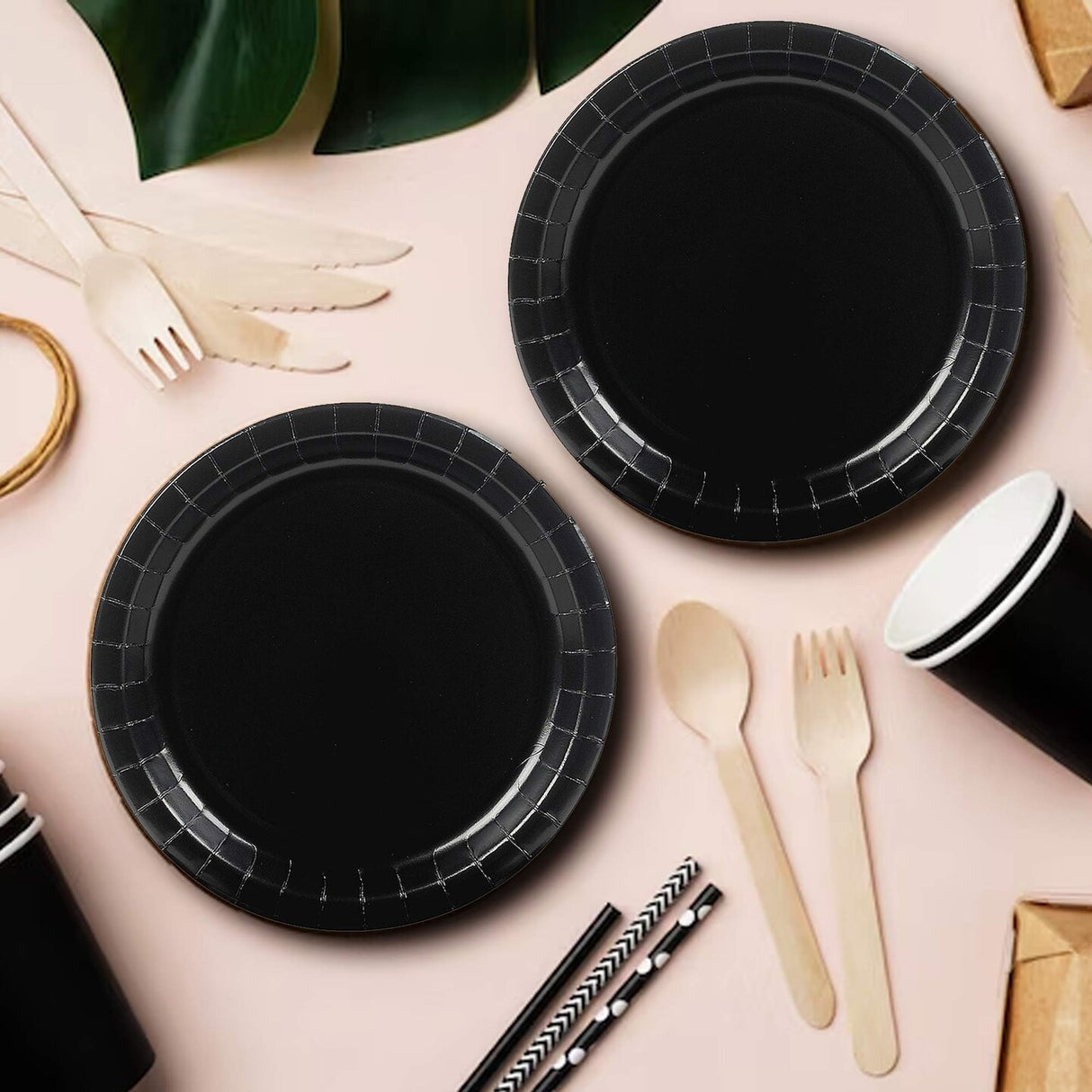 24 Count Black Color 7 Inch Round Paper Dessert Plates for Stylish Party Snacks