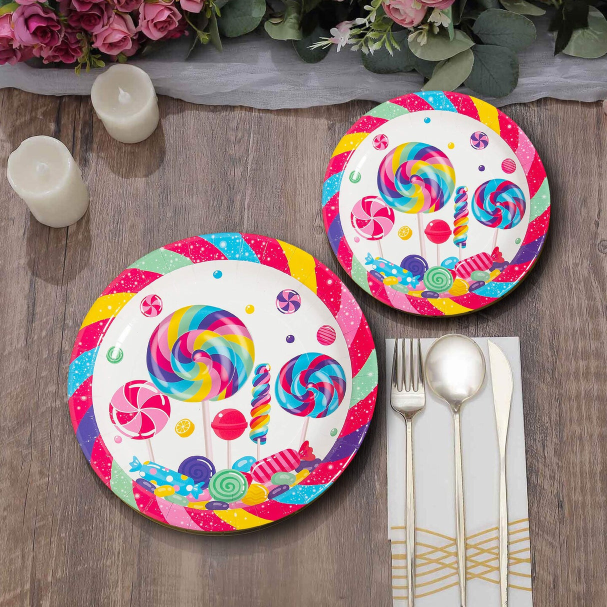 8 Ct. Candy World Paper Dinner Plates 9" Colorful Candy & Lollipop Design