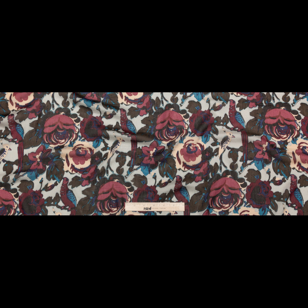 Famous NYC Designer Moonstruck, Poseidon and Sailor Blue Birds and Florals Blended Silk Georgette