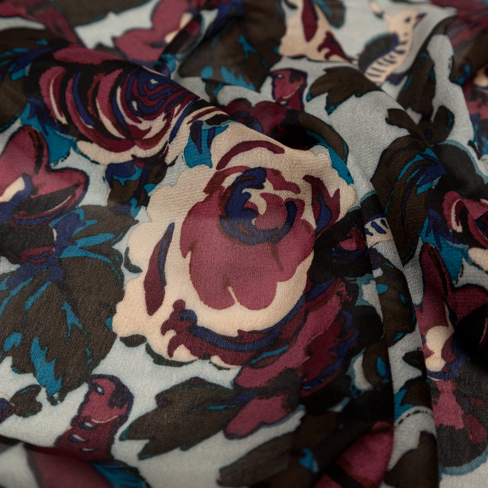 Famous NYC Designer Moonstruck, Poseidon and Sailor Blue Birds and Florals Blended Silk Georgette