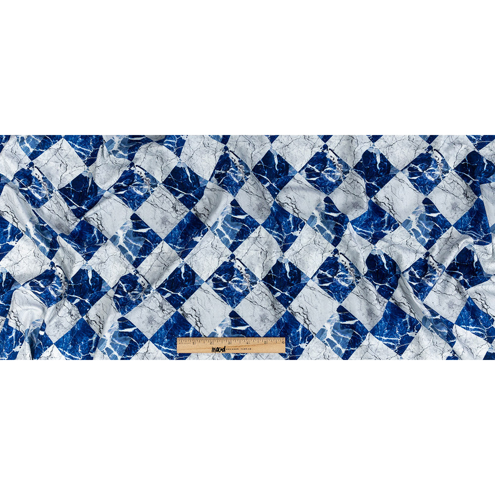 Wedgewood and White Checkered Marble Caye UV Protective Compression Swimwear Tricot with Aloe Vera Microcapsules