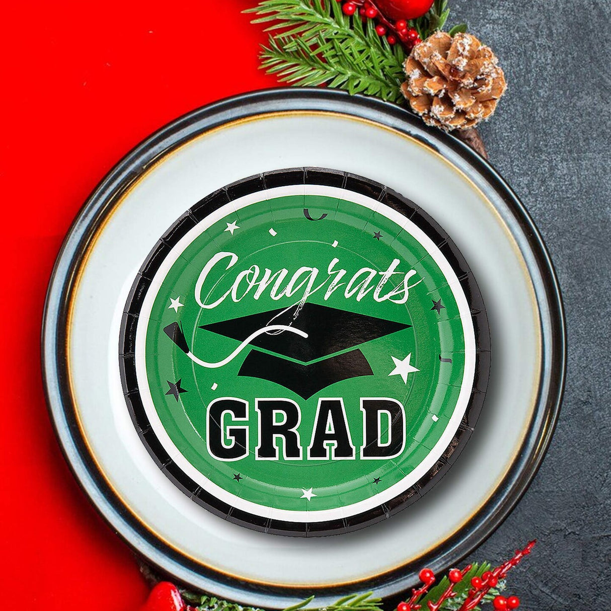 25 Count Green Congrats Grad Paper Dessert Plates Disposable Graduation Party Supplies