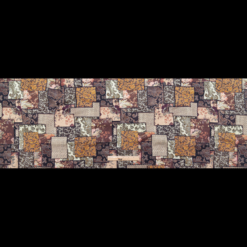 French Roast, Winter Twig and Castle Wall Patchwork Floral and Lace Printed Stretch Cotton Twill