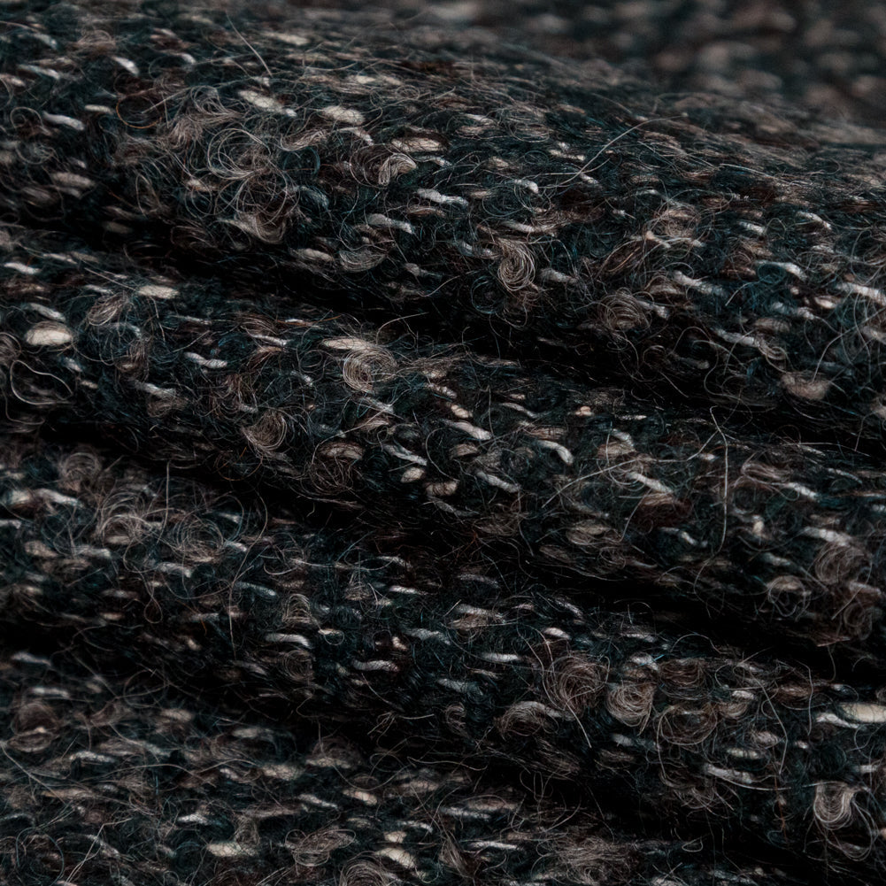 Deep Forest, Raven and Bone White Herringbone Boucle Wool Tweed