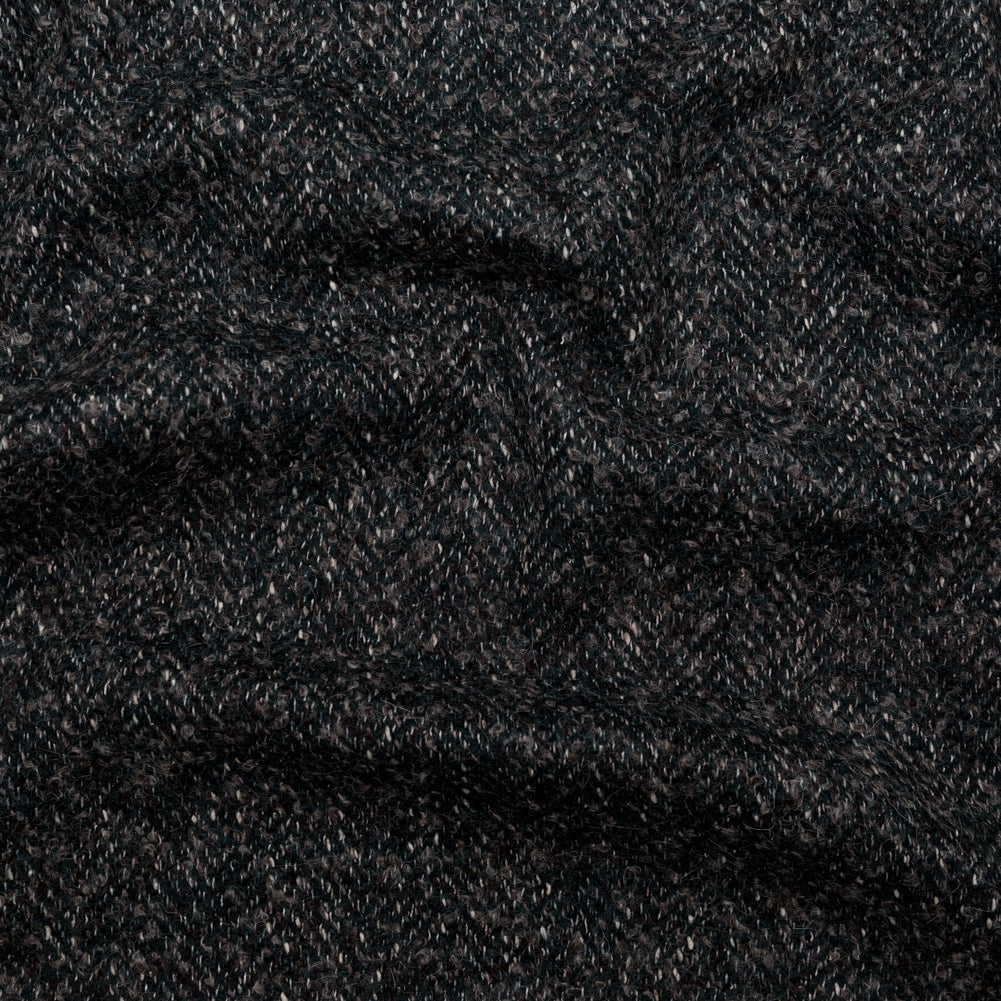 Deep Forest, Raven and Bone White Herringbone Boucle Wool Tweed