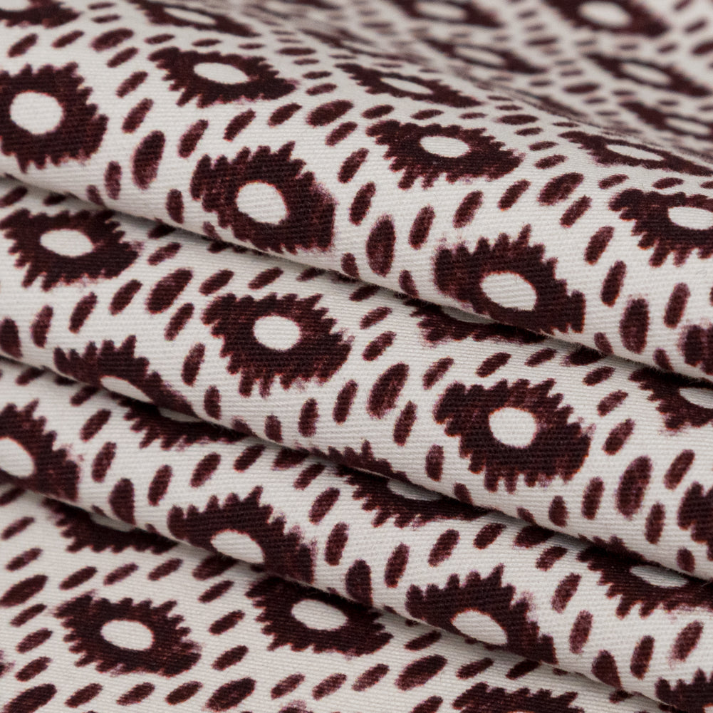 Whisper White and Decadent Chocolate Geometric Printed Stretch Cotton Twill