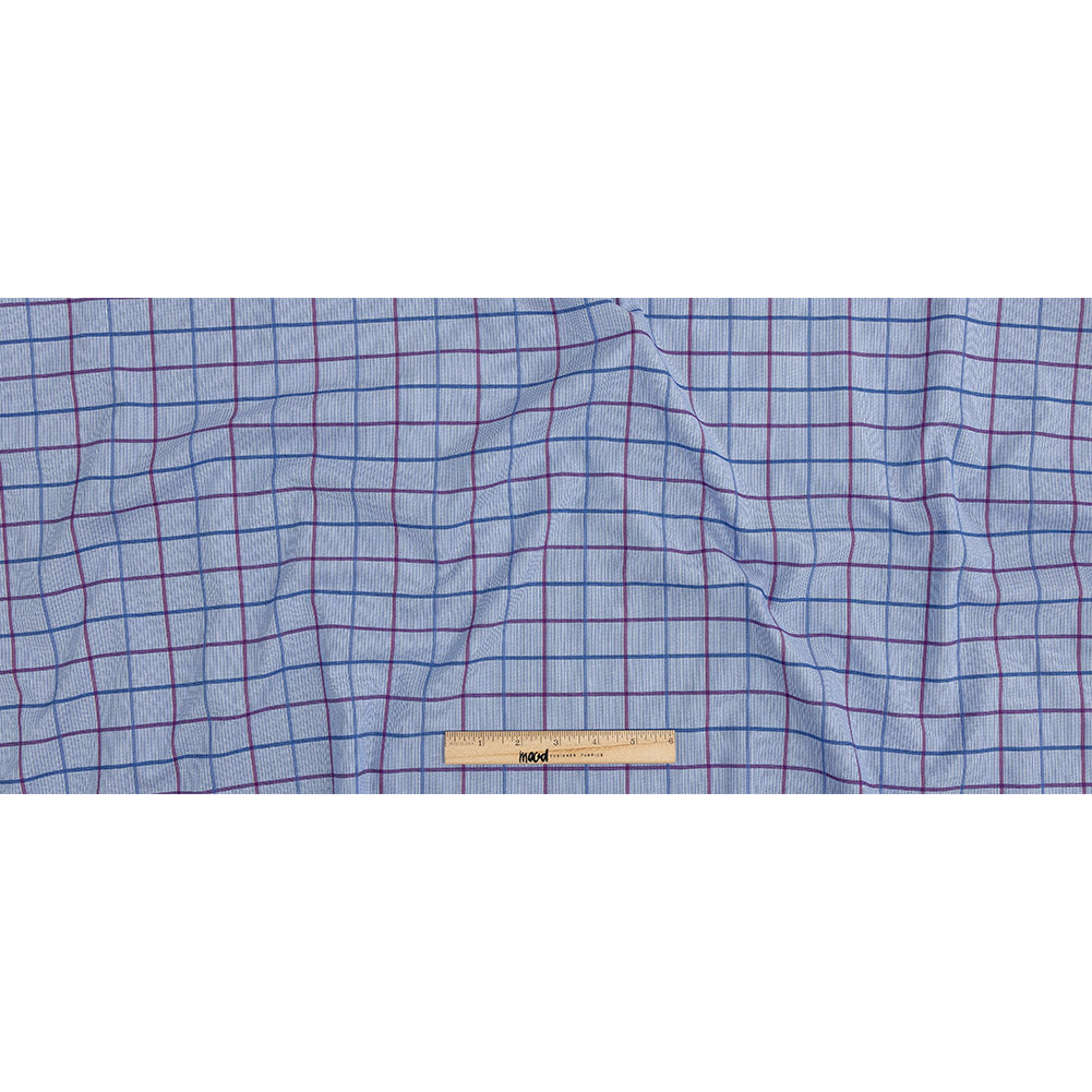 Premium Medium Blue, Maroon and Meadow Violet Tattersall Checkered and Pinstripes Cotton Shirting
