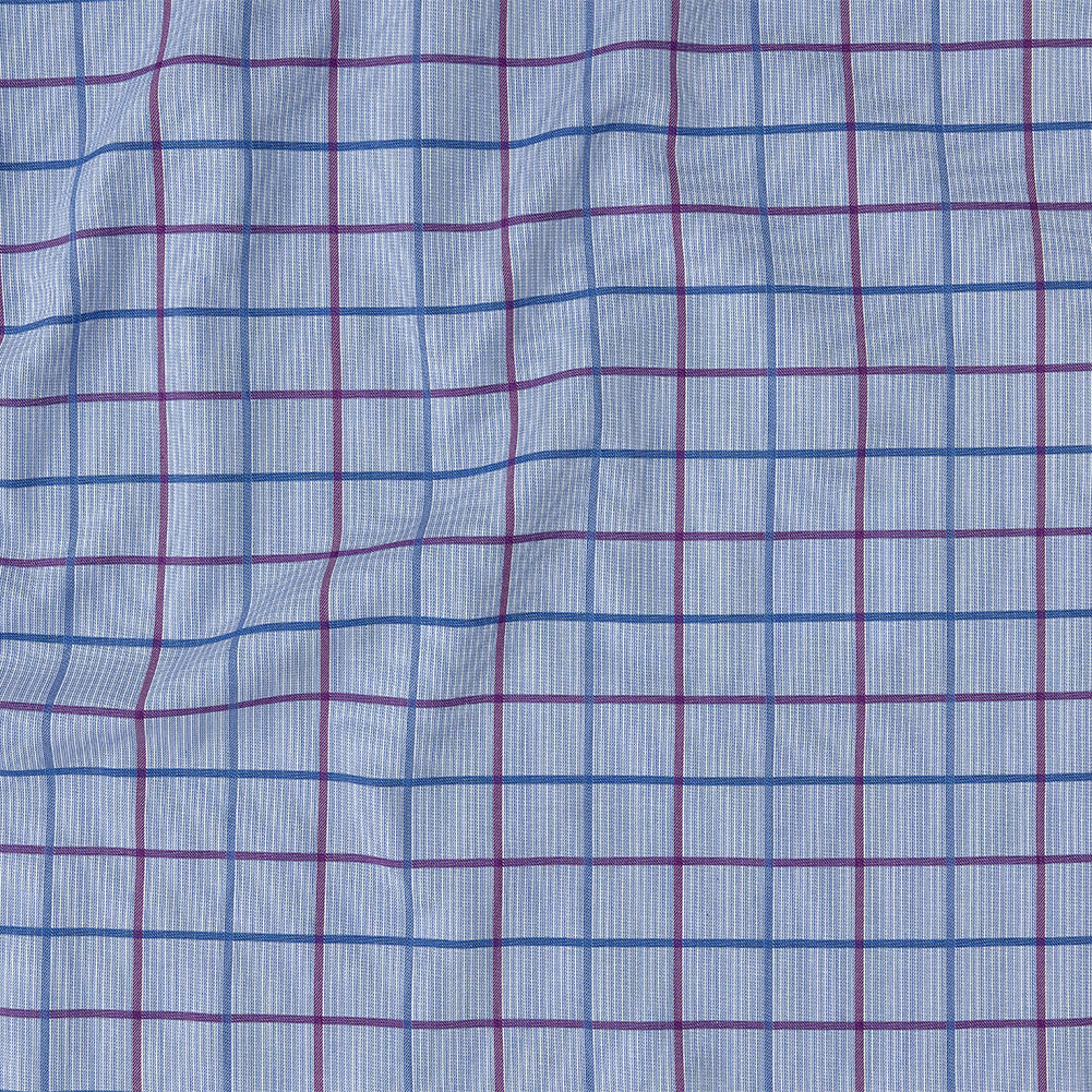 Premium Medium Blue, Maroon and Meadow Violet Tattersall Checkered and Pinstripes Cotton Shirting