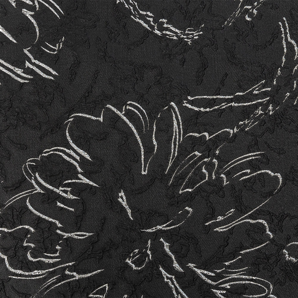 Metallic Silver and Black Floral Silhouettes Luxury Brocade