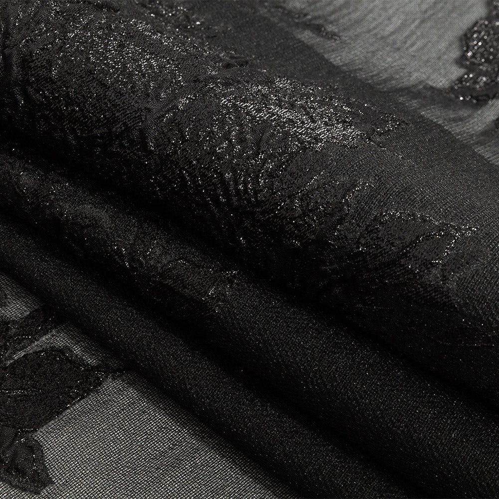 Metallic Black Floral Outlines Luxury Burnout Brocade