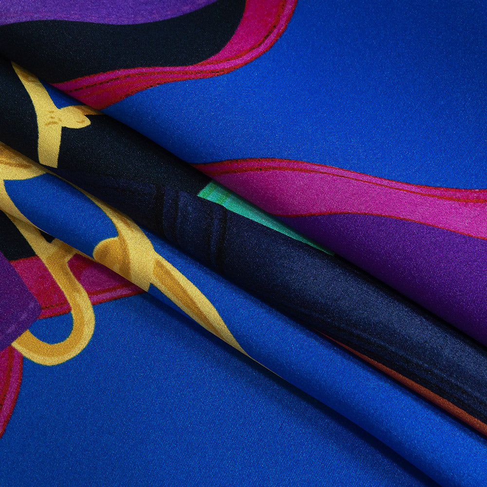 Mood Exclusive Italian Royal Blue, Orange and Gold Chains and Purse Straps Digitally Printed Silk Charmeuse