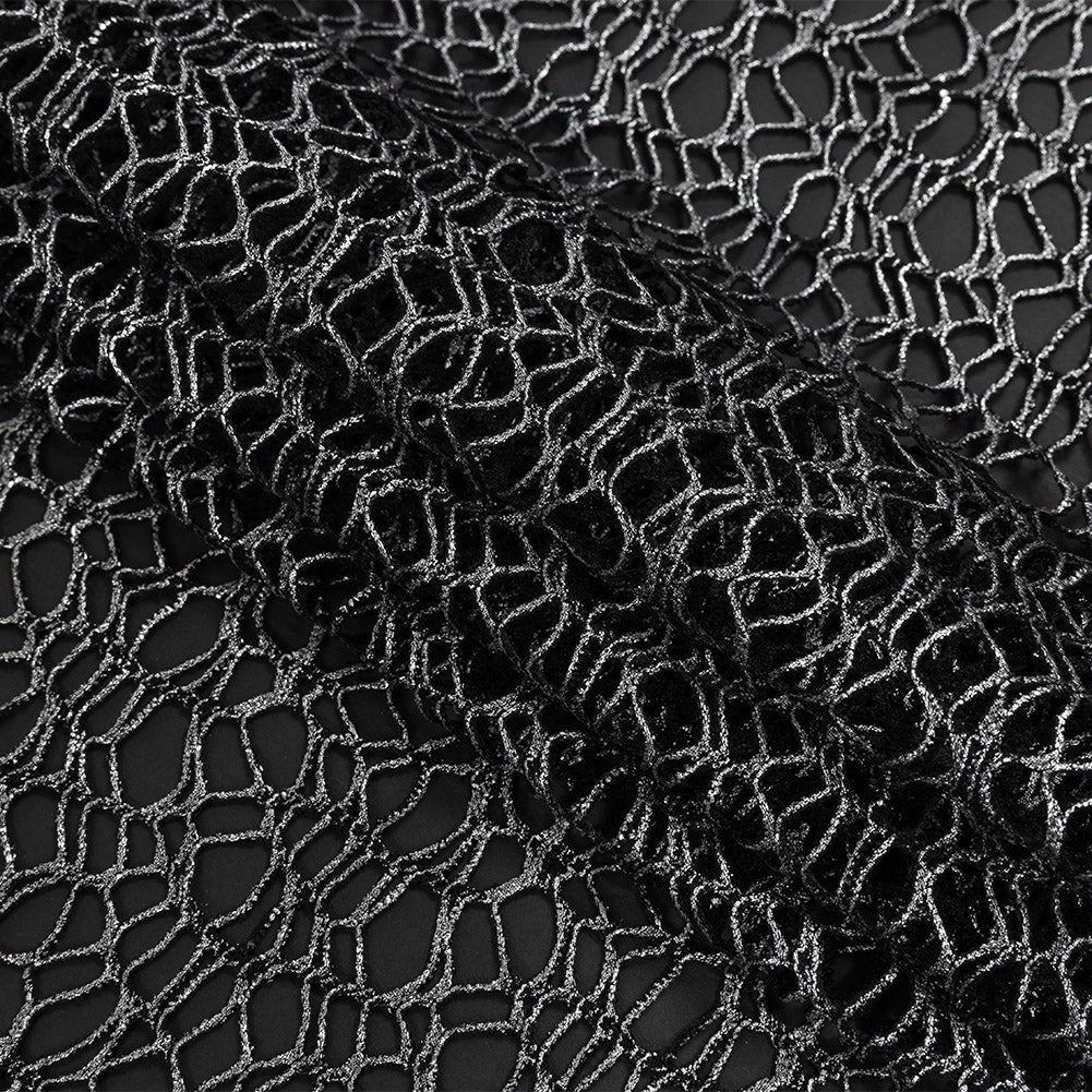 Webbed Guipure Lace - Black with Metallic Silver Foil