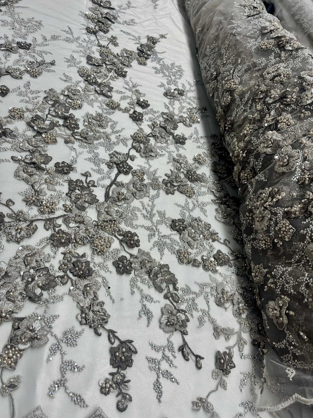 1 Yard Beaded 3D Floral Multitone Lace Fabric on Polyester Net Mesh, Premium Embroidered Lace Fabric, 54" Width