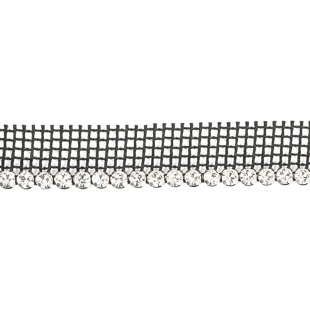 Vintage Crystal and Silver 1 Row Circular Rhinestones on Black Mesh Trimming - 0.5"
