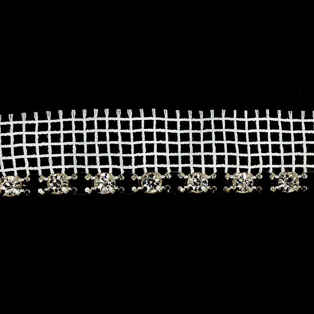 Vintage Crystal, Black and Silver 1 Row Circular Rhinestones on White Mesh Trimming - 0.75"