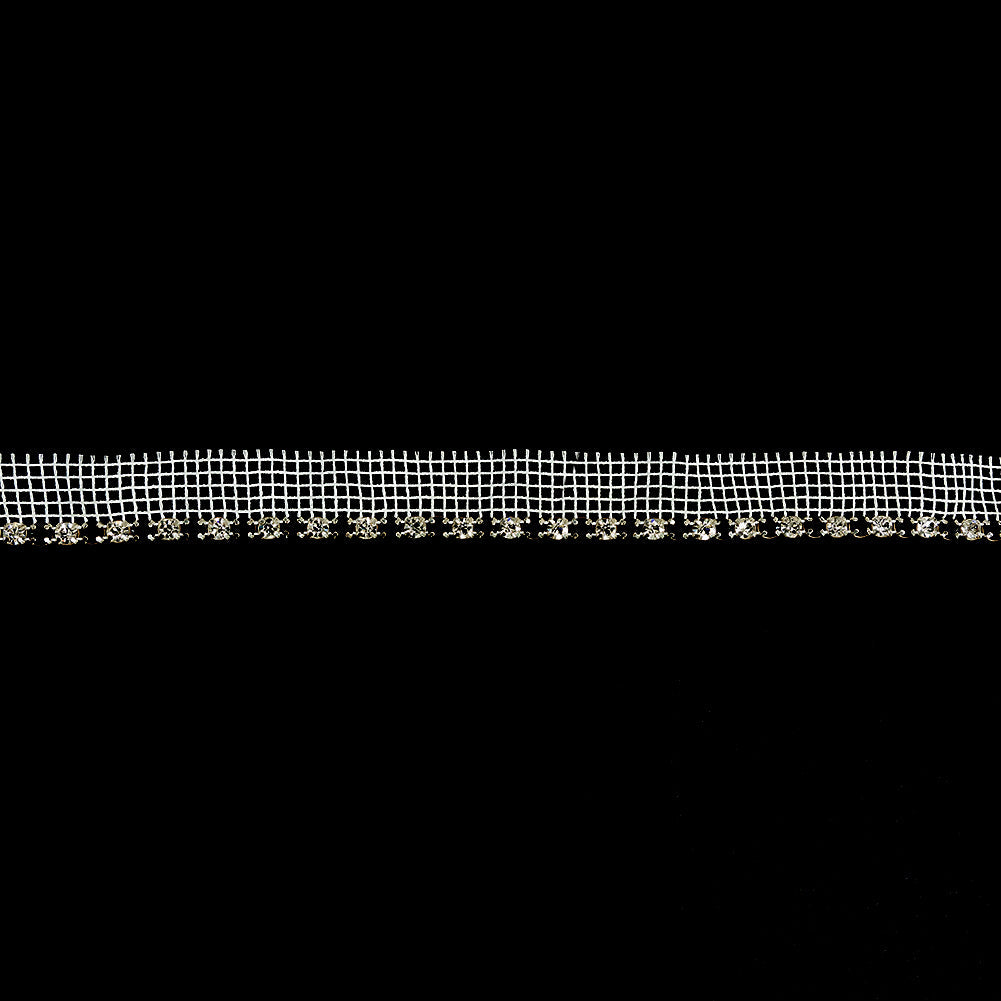 Vintage Crystal, Black and Silver 1 Row Circular Rhinestones on White Mesh Trimming - 0.75"