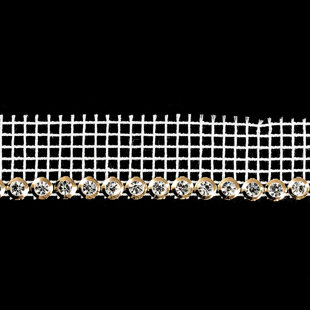Vintage Crystal and Gold 1 Row Circular Rhinestones on White Mesh Trimming - 0.75"