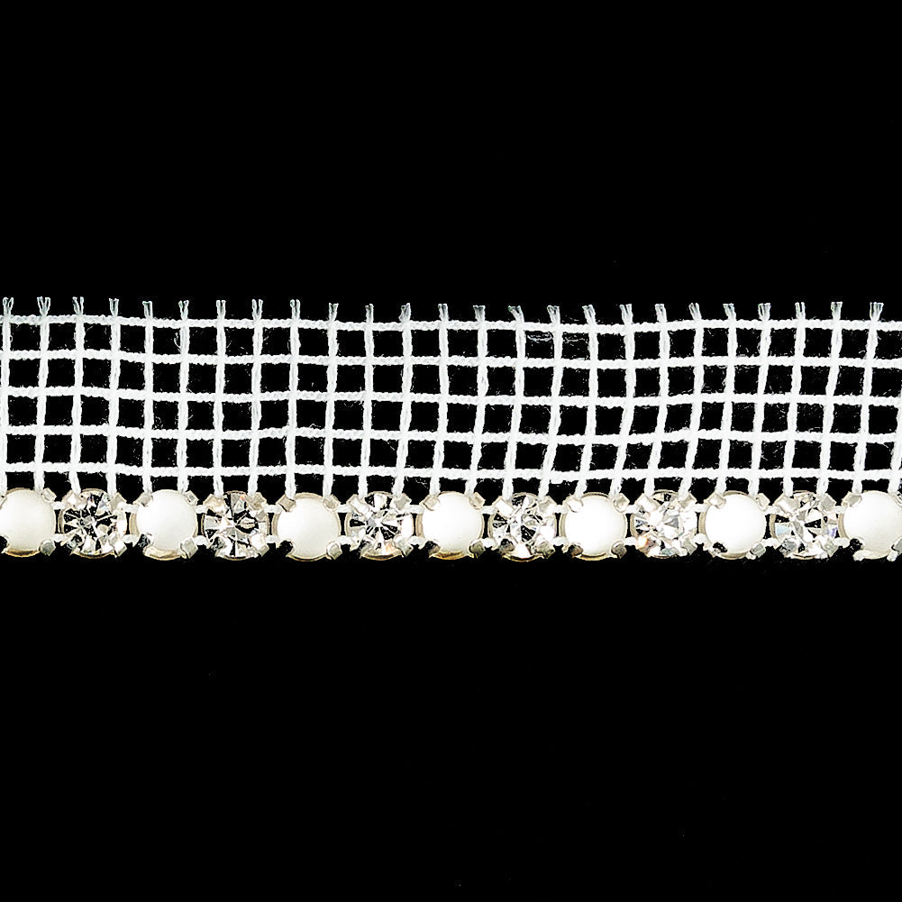 Vintage Crystal, Silver and Frosted Glass 1 Row Circular Rhinestones on White Mesh Trimming - 0.625"