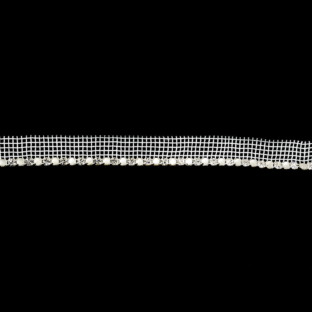 Vintage Crystal, Silver and Frosted Glass 1 Row Circular Rhinestones on White Mesh Trimming - 0.625"