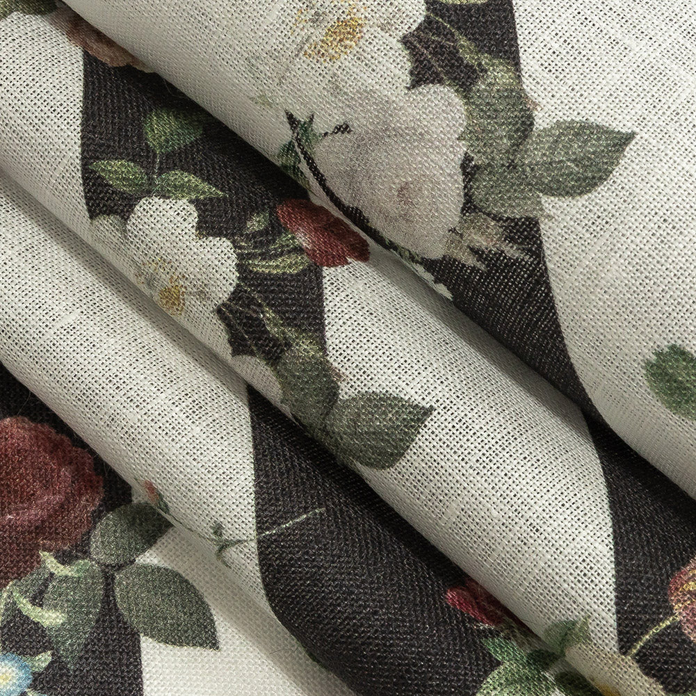 French Garden Flowers over Black and White Regimental Stripes Printed Linen Woven