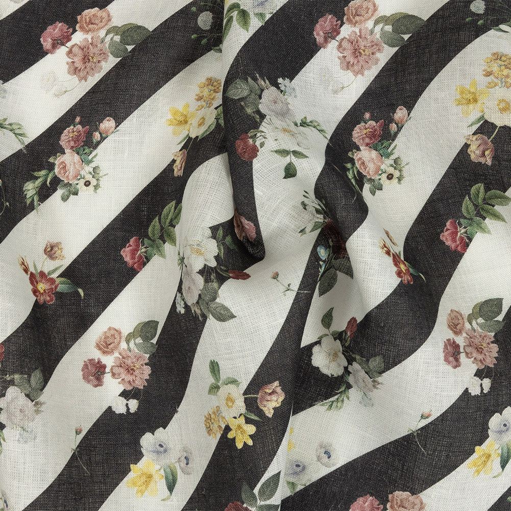 French Garden Flowers over Black and White Regimental Stripes Printed Linen Woven