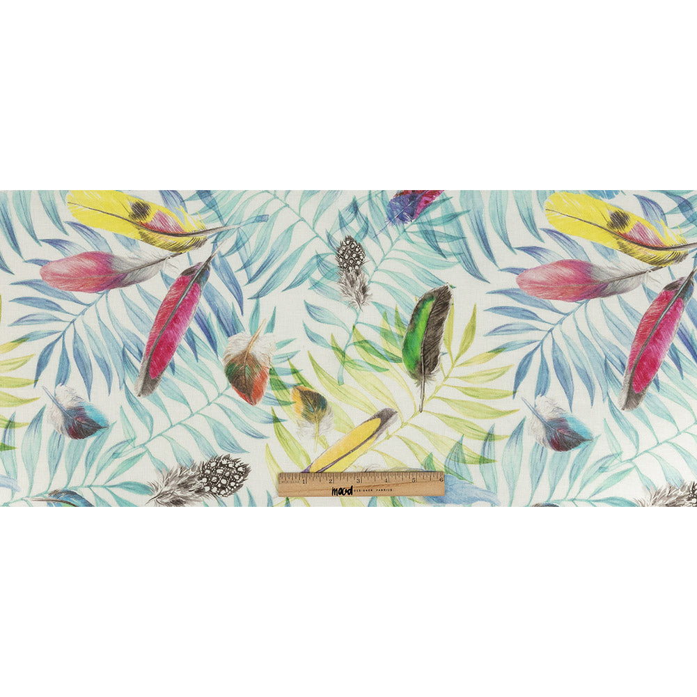 Multicolor Peacock Feathers and Aqua Ferns Printed Linen Woven