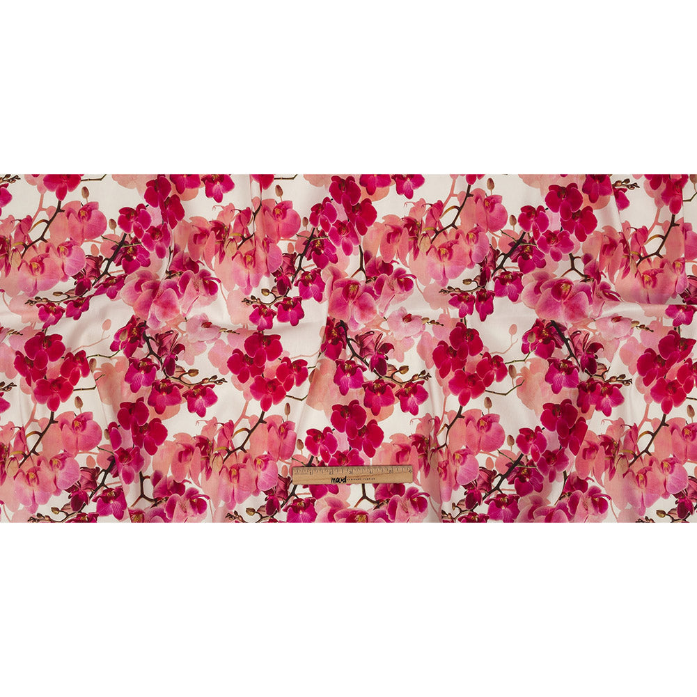 Tilted Pink Orchids and Lily White Printed Stretch Linen and Rayon Woven